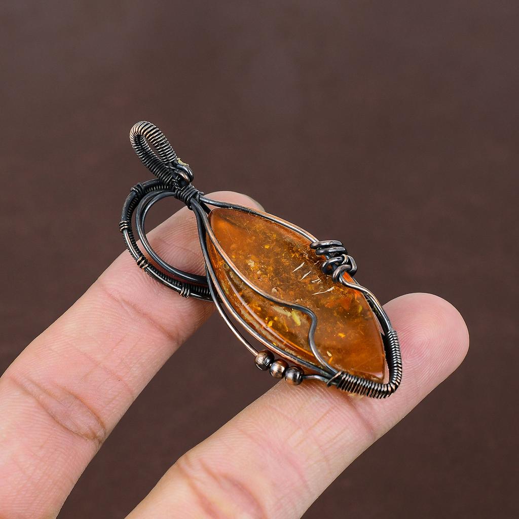 Natural Baltic Amber Gemstone Handmade Copper Wire Wrap Pendant 2.76" y5K07