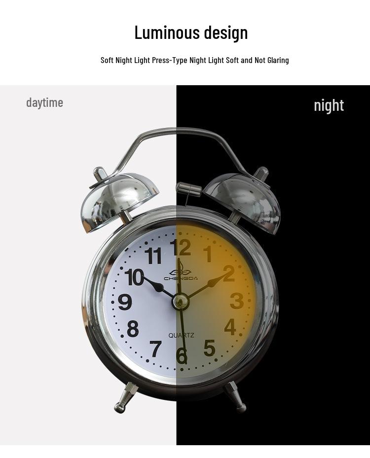 3-inch Retro Silver Ringing Metal Alarm Clock with Night Light - Stylish, Multifunctional Bedside Clock for Students