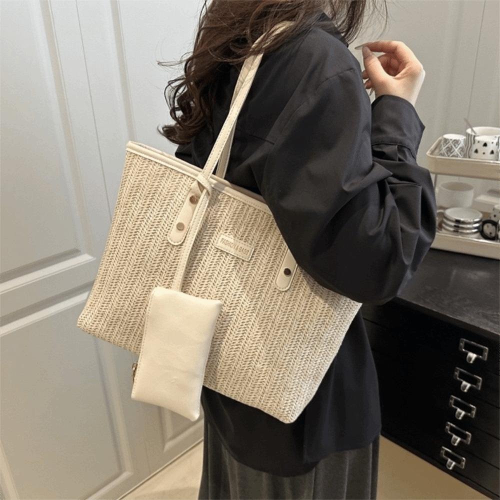 Simple Solid Color Weave Tote Bag Large Capacity PU Straw Shoulder Bag With Coin Purse Bohemian Beach Straw Handbag Women