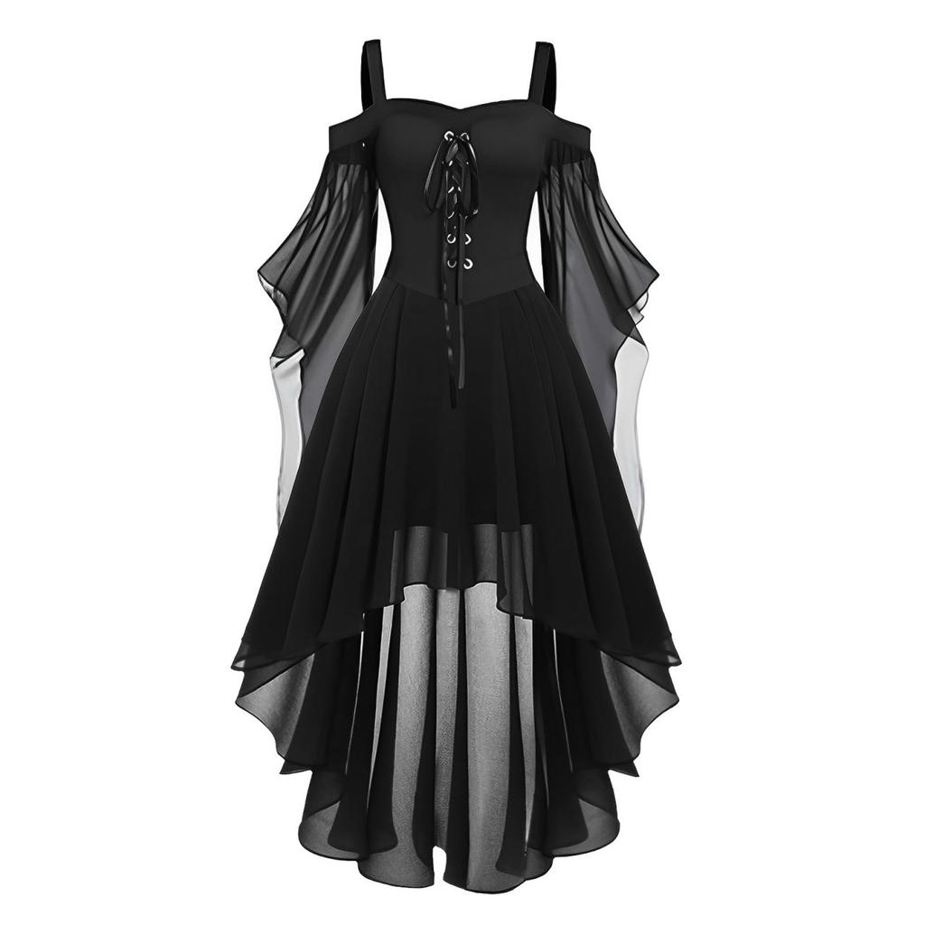 Women Casual Plus Size Cold Shoulder Dress Solid Color Chiffon Butterfly Sleeve Gothic Dress