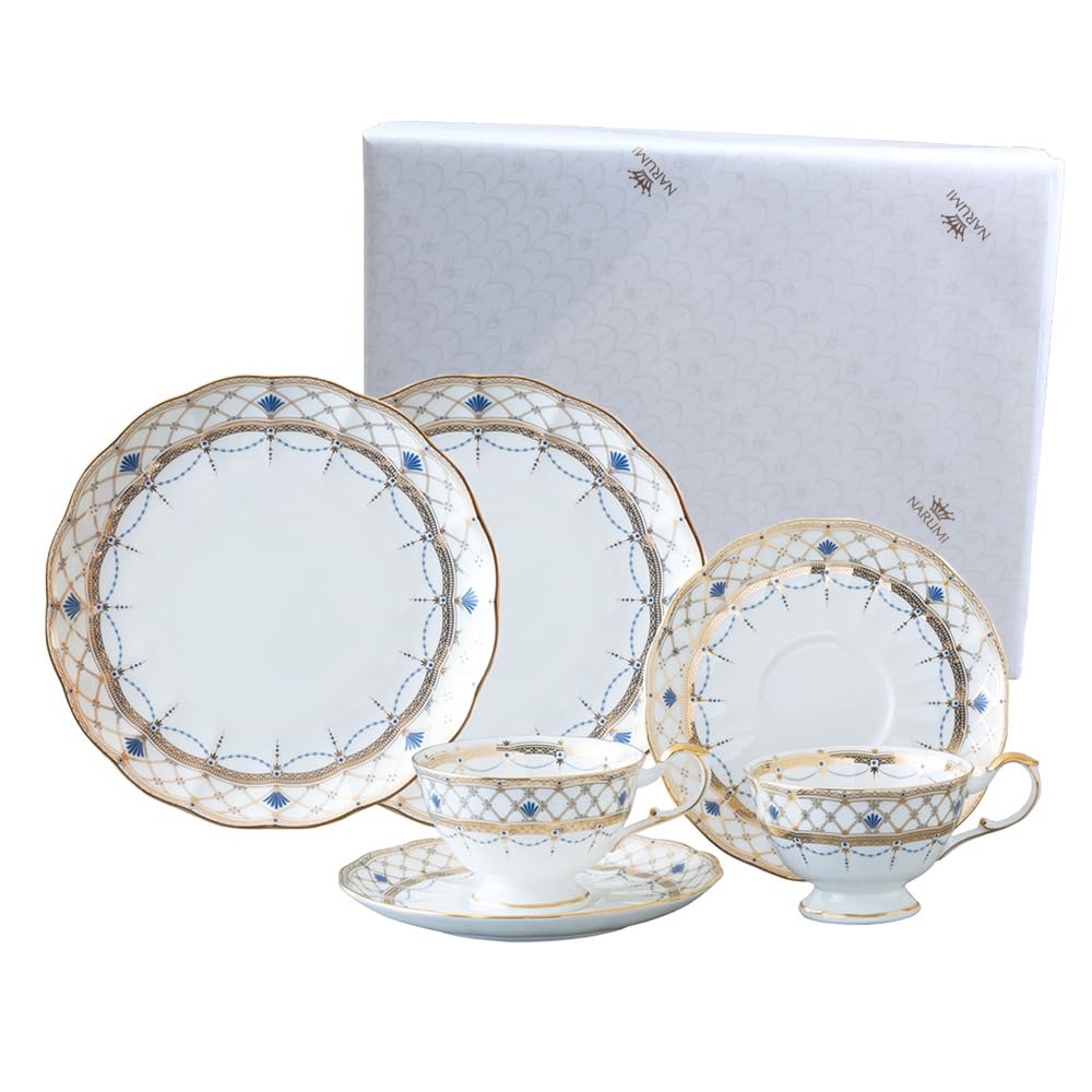 NARUMI Prima Donna Gold Dinnerware Made In and Set for Tea and Dessert Wedding Gift Boxed and Gift Set, Japan, Stylish, Gorgeous, Elegant, 6-Piece