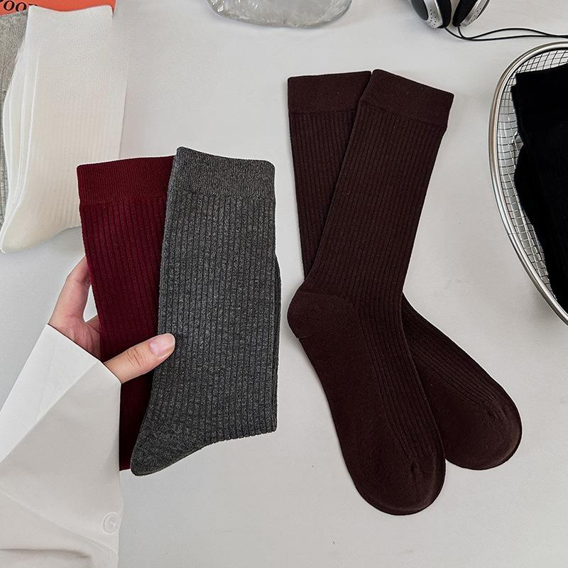 Ankela Red Socks for Women, Spring and Autumn, Mid-calf Socks, Cotton, Wine Red, Dark Red, Slender Long Socks