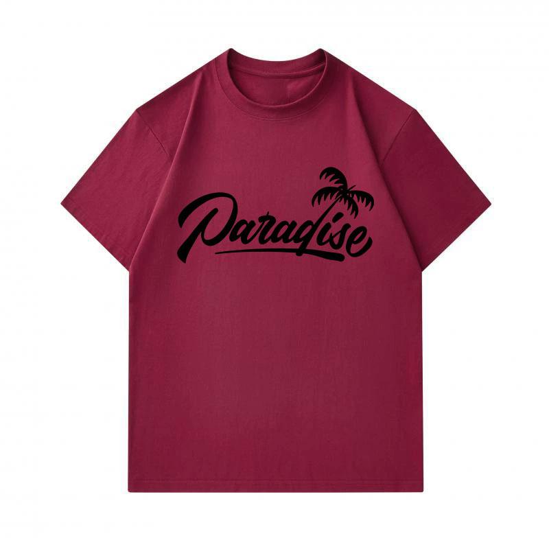 Men's 100% Cotton Crew Neck Short Sleeve T-Shirt, Casual Paradise Palm Tree Cursive Graphic Print Soft Breathable Summer Tee for Daily Outdoor Wear