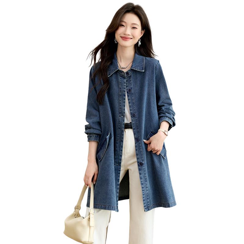 Women's Mid-Length Denim Trench Coat - 2025 Spring/Autumn Casual Korean Style, Slim-Fit, Loose Shirt Top