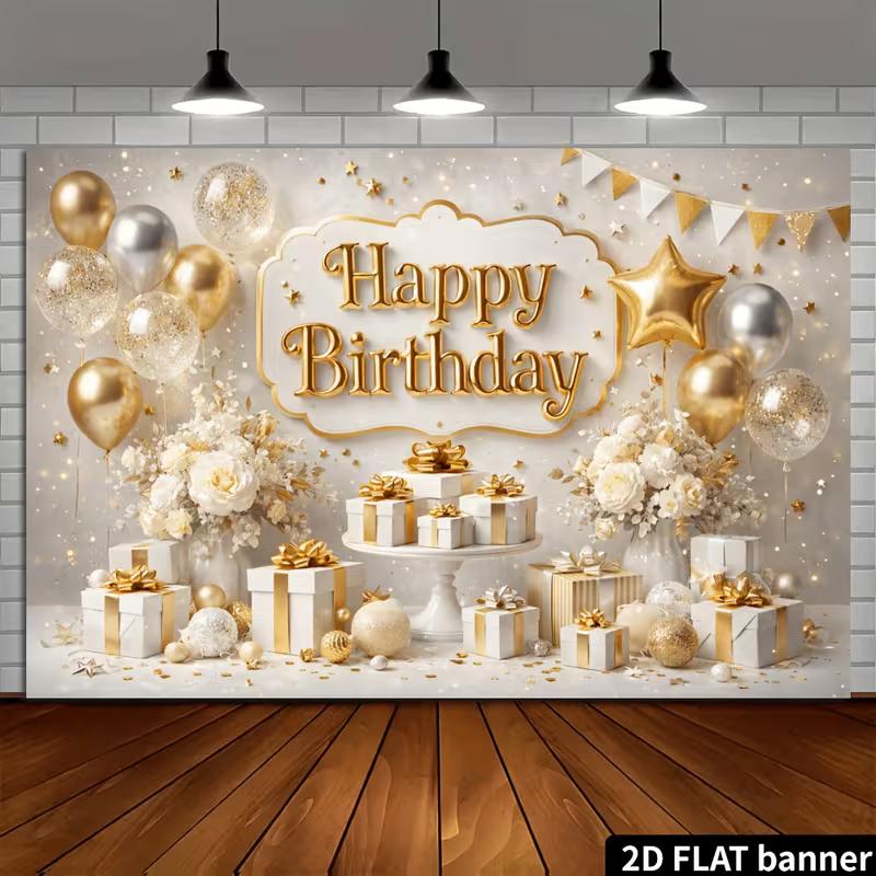 

2D Gold Glitter Balloon Birthday Backdrop Banner Happy Birthday Party Photo Booth Background 47.2x31.5inch/120*80cm