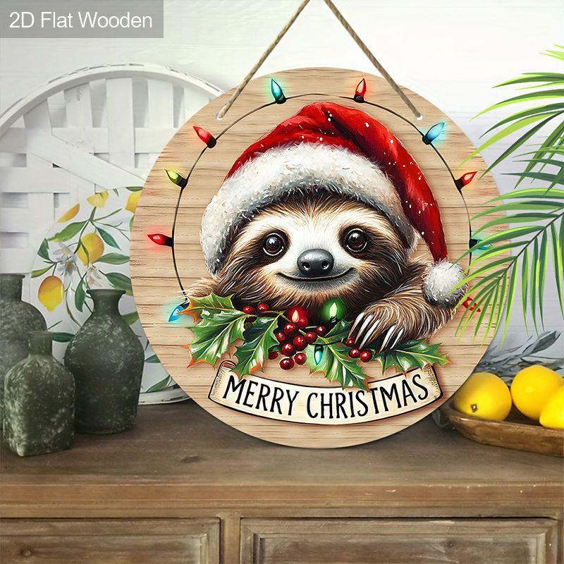 Weihnachtsdekorationsschild, hängende Innendekoration, 2D flache Holzprodukte mit Faultier im Weihnachtsmannhut-Muster, Weihnachtsgeschenke für Freunde und Familie