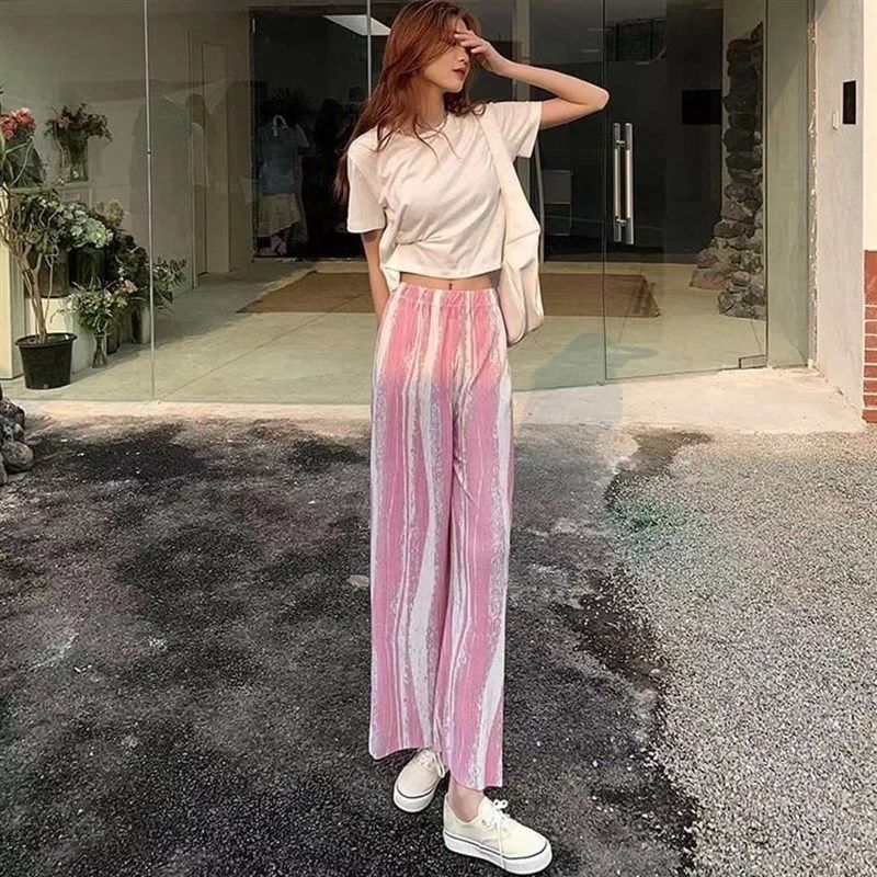 

Брюки плиссе в стиле тай-дай, повседневные, женские, с высокой талией, тонкие, S Vertical bar powder 80(Free size -140)