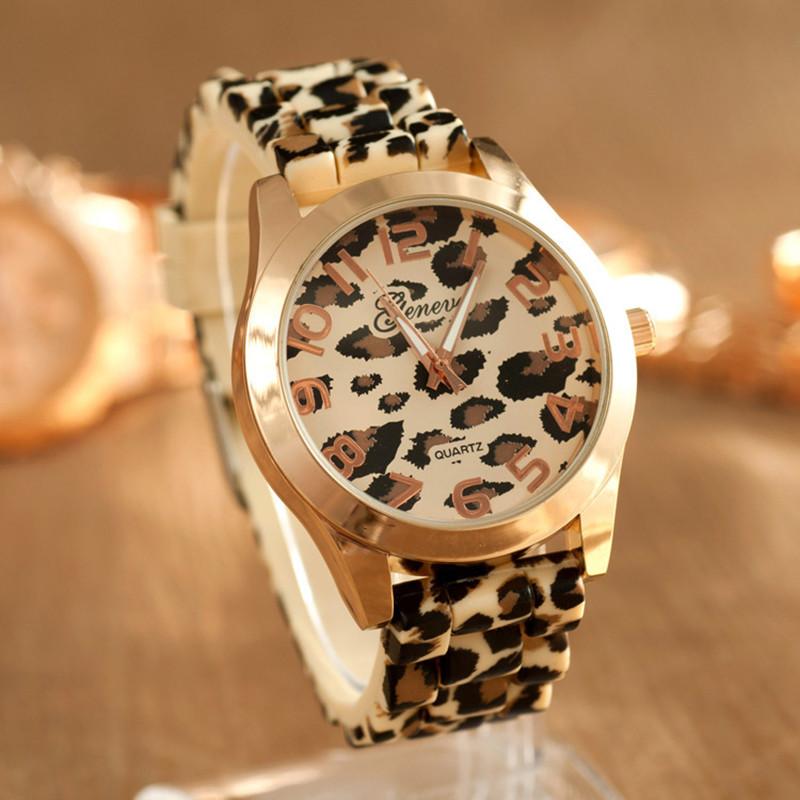 Luxusní hodinky Geneva s leopardím potiskem, quartzovým strojkem a řemínkem z nerezové oceli