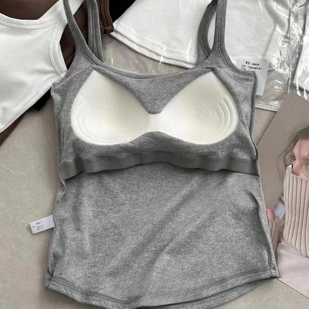 Autumn and Winter Brushed Camisole Thickened Warm Vest Women's Fixed Cup Chest Cushion Versatile Slim Fit Solid Color Top for Wearing Outside