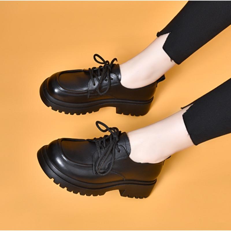 Women Round Toe Lace Up Genuine Leather Shoes 2026 Black Cowhide Thick Heel Work Shoes Women British Style Loafers Oxford Shoes