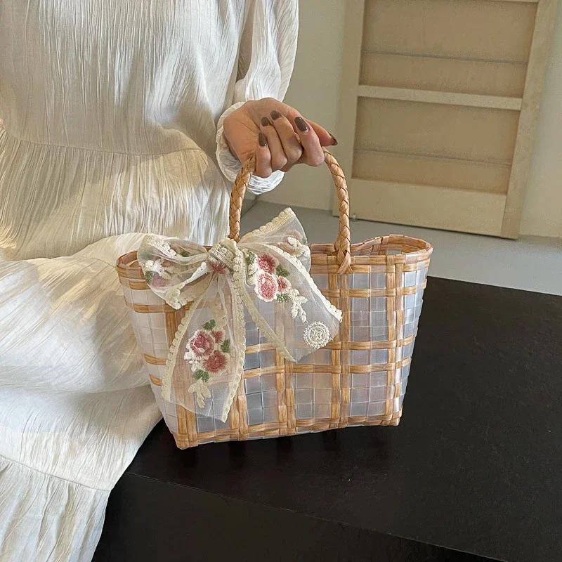 Large capacity picnic bag for ladies  two-tone fabric  embroidered bow  casual PVC bag  women's bags