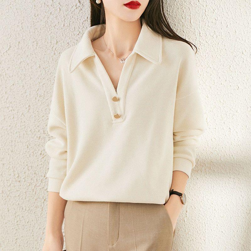 Spring Autumn Waffler Polo V-neck Loose Casual Sweatshirt Women Long Sleeve Solid Simple All-match Pullover Top