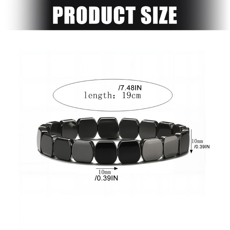 Elastic Hematite Bead Bracelet Square Pattern Natural Black Stone Wristband Comfortable Unisex Wear Daily Accessory
