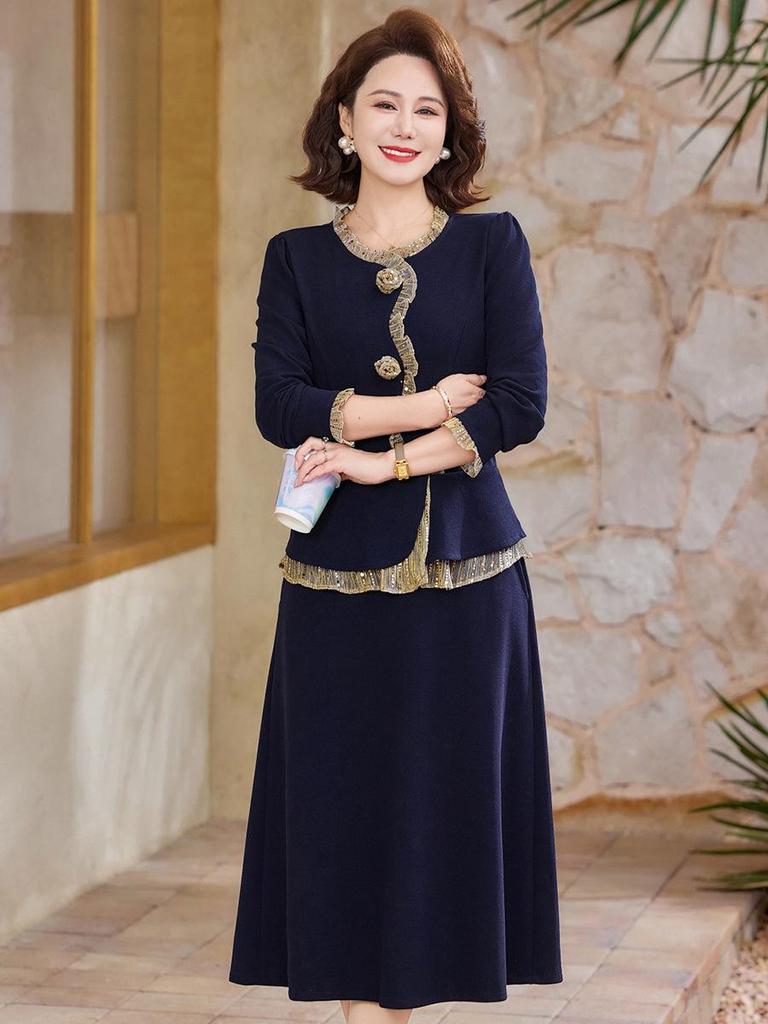 2026 New Fashion Slimming Long-Sleeved Two-Piece Dress for Middle-Aged & Elderly Women