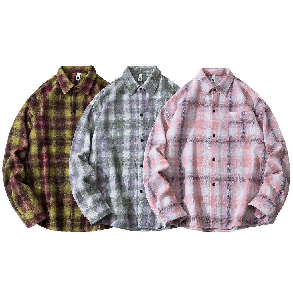 Autumn Men'S Abraded Thickened Plaid Long Sleeve Lapel Shirt Men'S Casual Loose Shirt