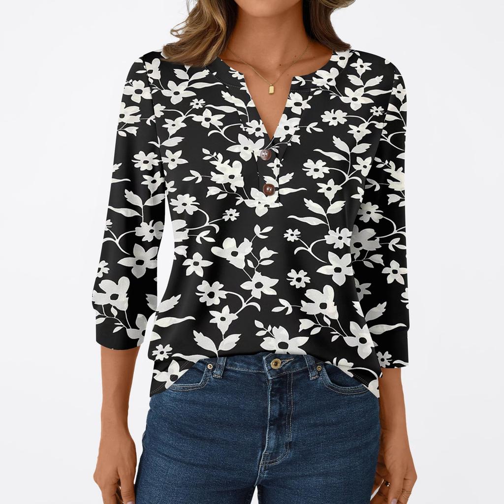 Damska Moda Casual Koszulka z Rękawem 3/4 Nadruki Dekolt w Serek Guziki