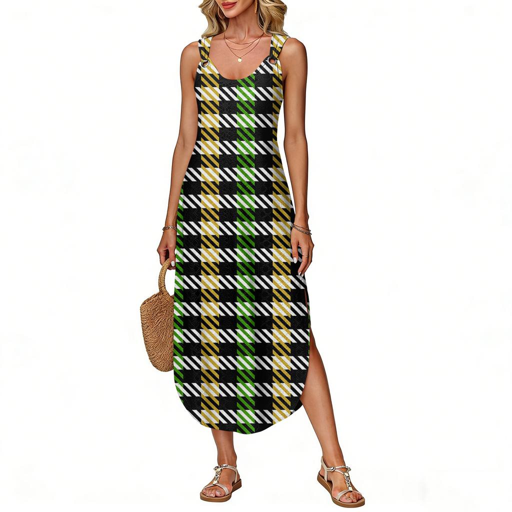 Women's Summer Long Dress, Sleeveless with Side Slits, Long Plaid Printed Vest Dress