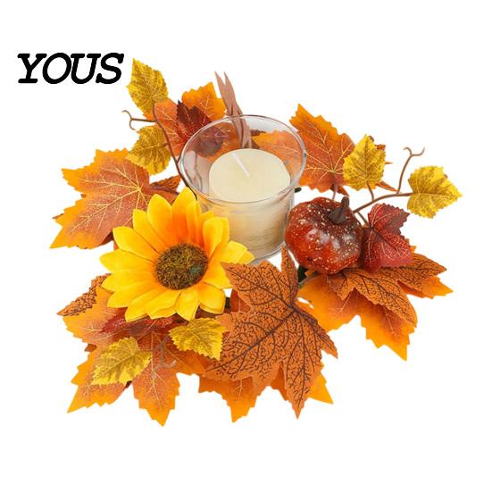 Berry And Pumpkin Candle Decor Fall Rings Wreaths, Artificial Maple Leaf Ring for Pillar Sunflower Holder, Thanksgiving Halloween Home Party