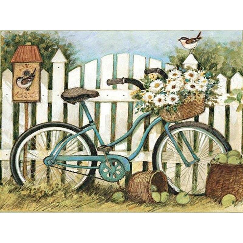 Pictură cu diamant DIY 5D, rotund complet, rășină, bicicletă, flori, artă cu diamant, broderie, peisaj, punct de cruce, mozaic, decor acasă