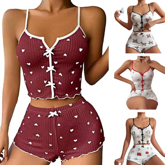 2 Pezzi/Set Pigiama Estivo da Donna Completo Stampa Farfalla Cuore Senza Maniche Schiena Scoperta Cop