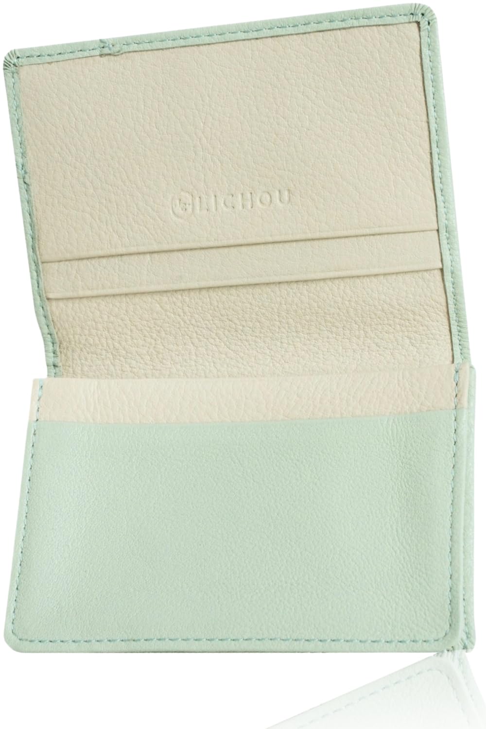 

LICHOU Women s Leather Business Card Case [A Japanese Brand for Working Moms] Genuine Leather Large Capacity 50-Card Holder (Mint Green x Greige