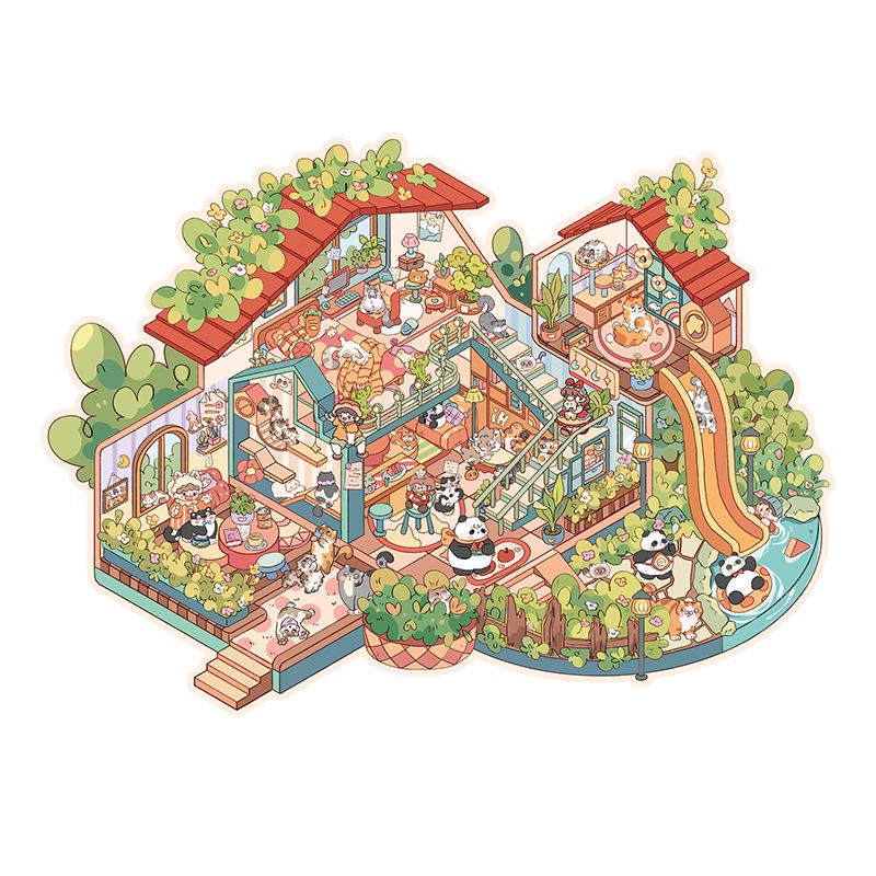 XL 3D Miniatyrscene Landskapsklistremerker: Kreativ Villa Stabling Håndlaget Dekompresjonsbok