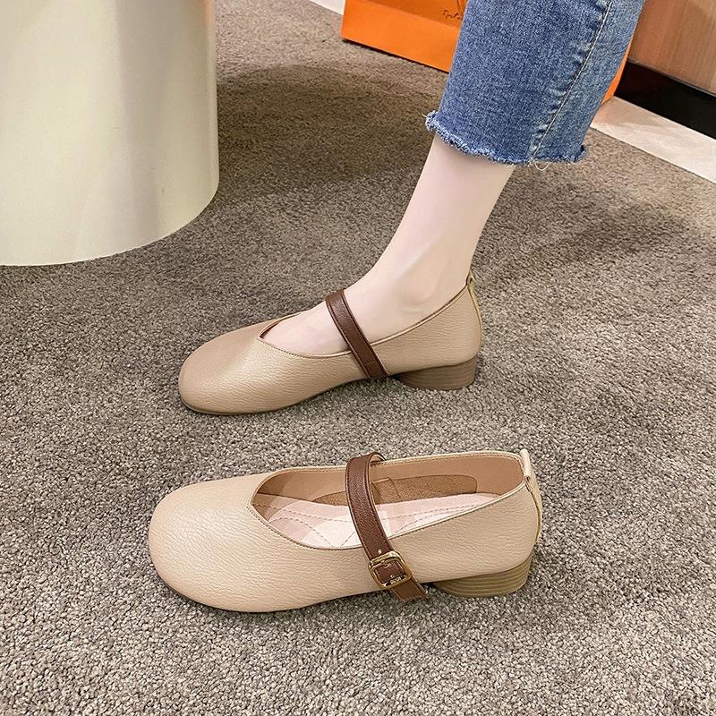 Mary Jane retro word with soft bottom soft surface middle heel women's 2025 summer British style non-slip bottom flat heel shoes