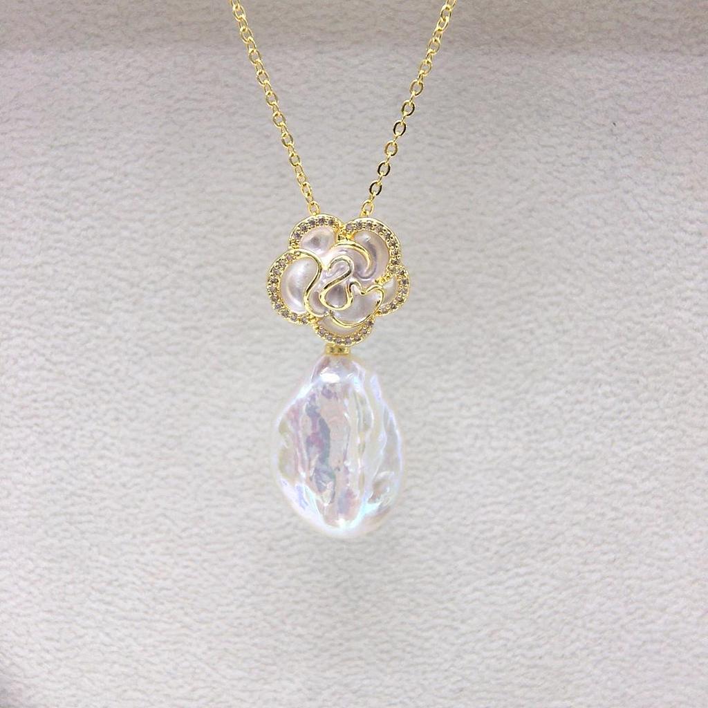Zhuji Classic Camellia Baroque Pearl Pendant Necklace with Micro-Paved Zircon