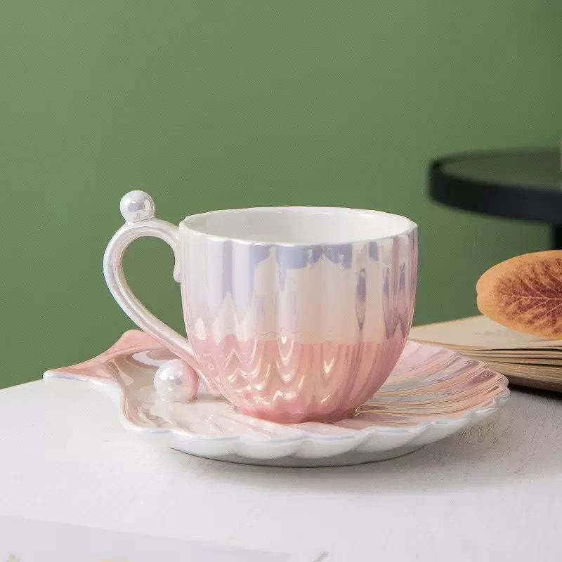 Gradient Pearl Shell Ceramic Coffee Cup European Coffee Cup Saucer High Value Ceramic Cup Saucer