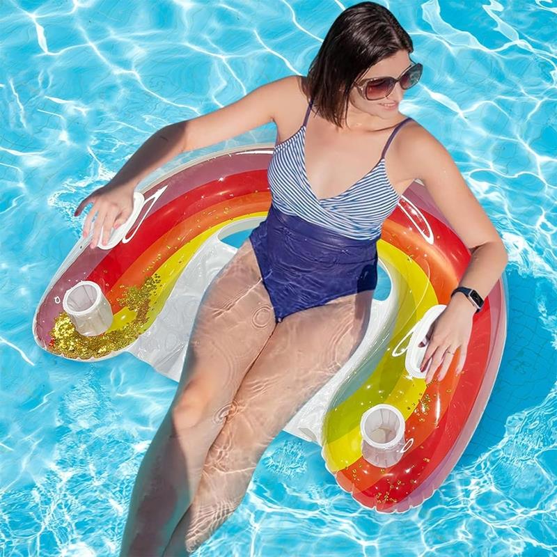 Inflatable Mattress Chair Lounger Swimming Chair Cup Holders Rainbow