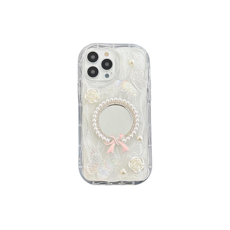 Pearl Bow Tie Mirror Phone Case For Iphone17Promax Flower Apple 16 Butterfly Internet Celebrity Female