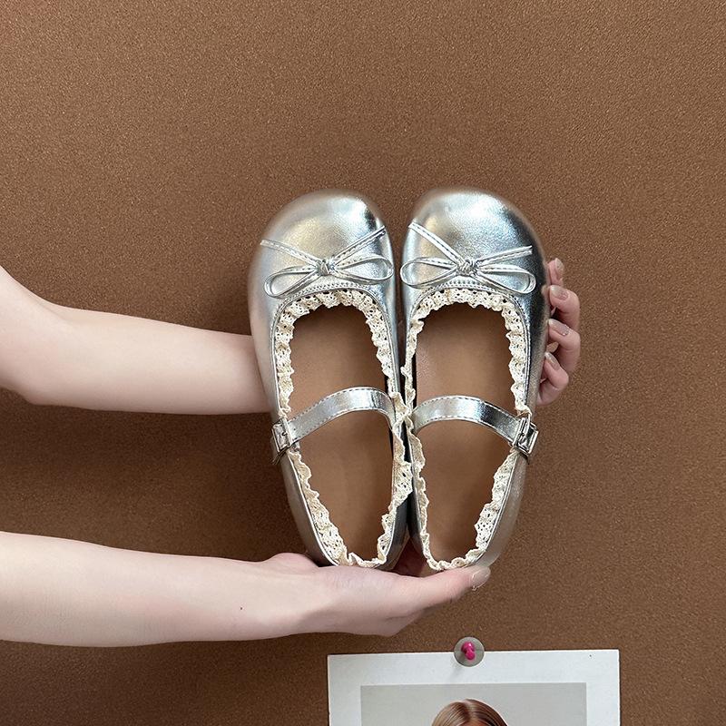 

Lace versatile ballet style round head shallow mouth single shoes summer fashion retro suede temperament women Mary Jane shoes tide 40 серебряный