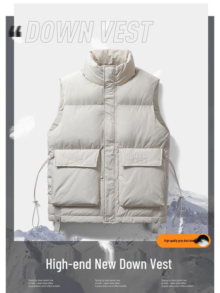 Men's Korean Style Stand Collar Duck Down Vest - Winter Solid Color Sleeveless Jacket
