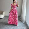 New printed puff-sleeved square collar lace-up waist elegant dress for women