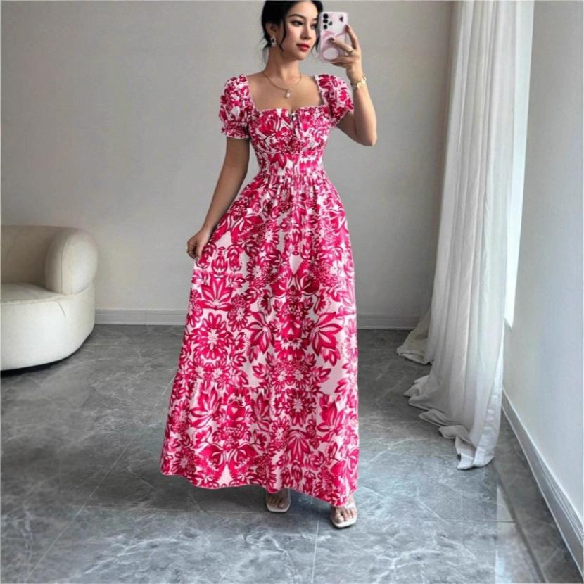 New printed puff-sleeved square collar lace-up waist elegant dress for women