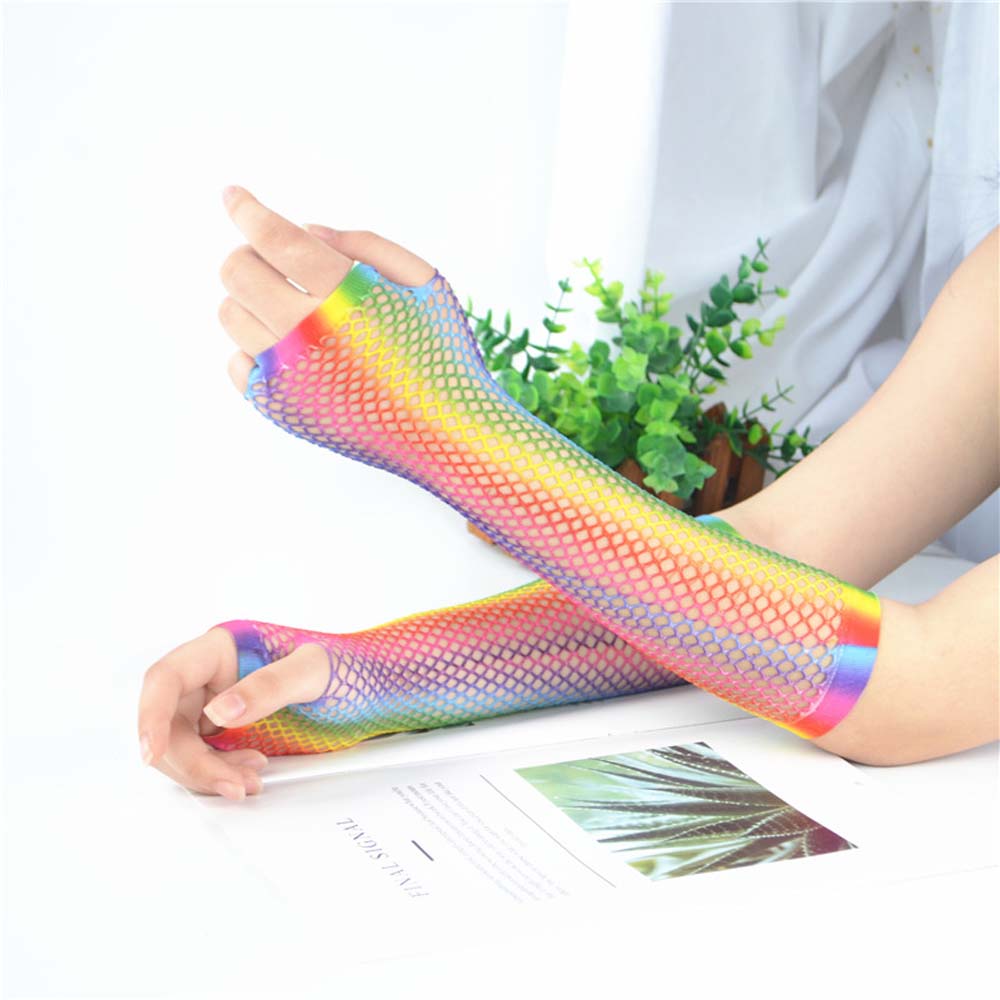 For Women Party Girl Long Half Finger Nylon Rainbow Color Gloves Arm Sleeves Fishing Net Gloves