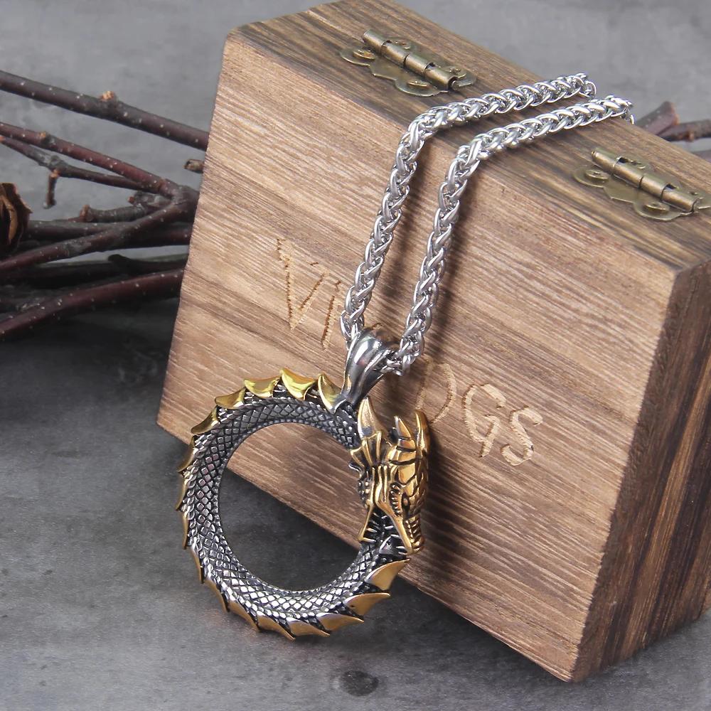 Stainless Steel Viking Ouroboros Dragon Pendant Necklace with Wooden Box Never Fade Mens Jewelry