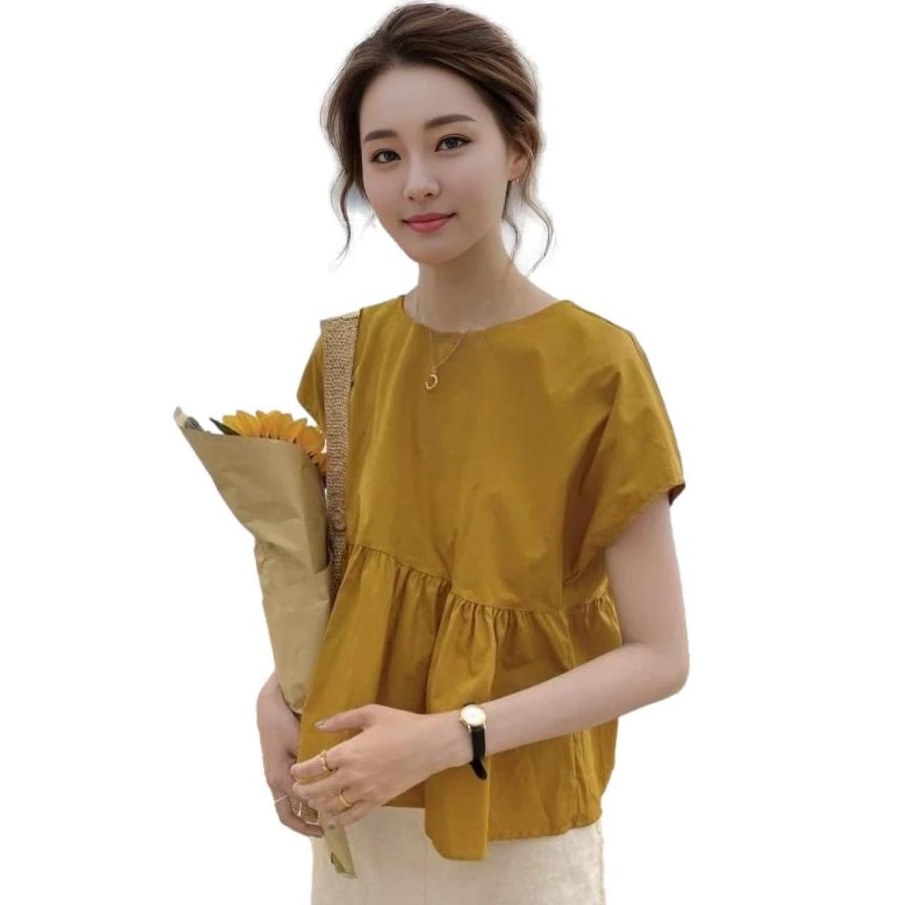 

Back Ribbon Commuter J-Scott Women s Top, Waist-Cut, A-Line, Gathered, Spring/Summer, Elegant, Versatile, Comfortable, Girly, Style, Yellow,