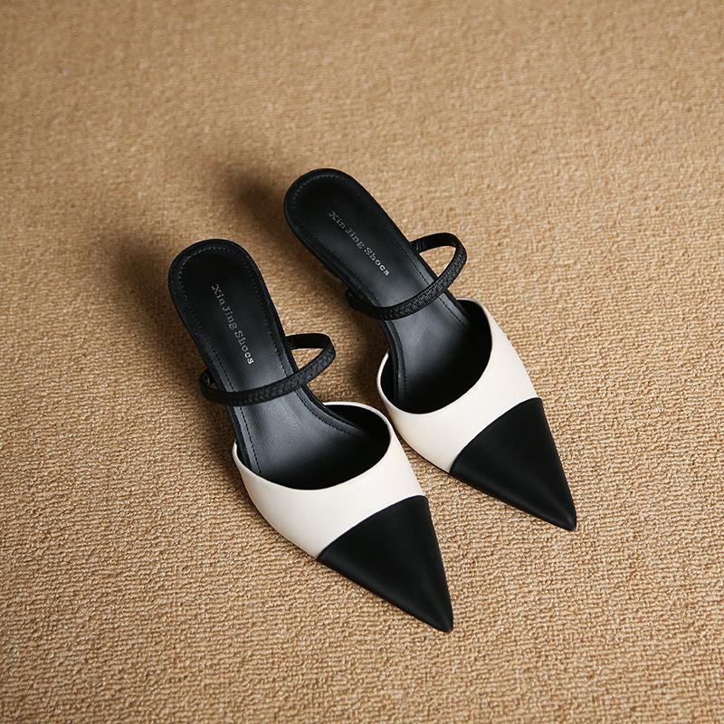 

699-70 New Xiaoxiangfeng color matching pointed head half-drag sandals empty bag head strap kitten heel shoes women 40 бежевый