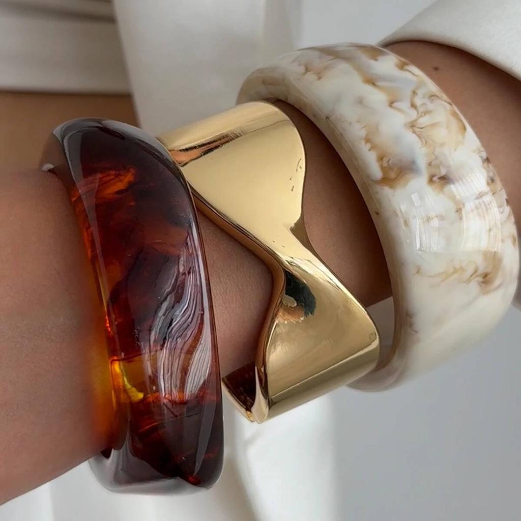 SHIXIN 3 Stile Boho Unregelmäßiges Harz Klobiges Armreif Armband für Frauen Retro Stapelbar Metall Acryl Breites Armband Party Schmuck