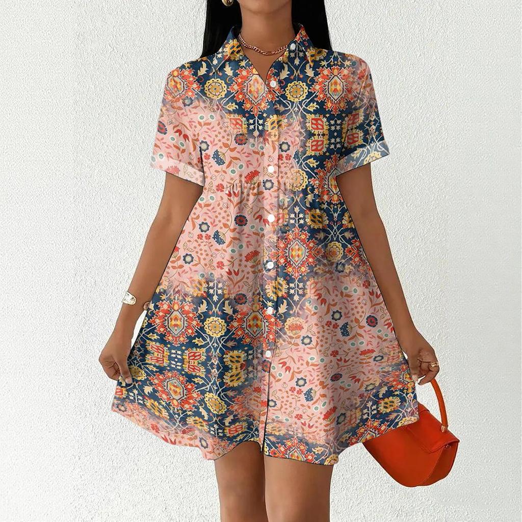 Women Casual Loose Shirt Dress Button Up Stand Collar Short Sleeve Printed Mini Dress Lightweight Tunic Dress