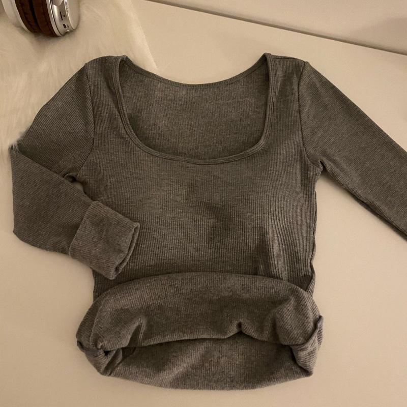 

Женская термофутболка с длинным рукавом 2023 года с нагрудными вкладышами - Теплый, утолщенный базовый слой для осени/зимы. One Size серый