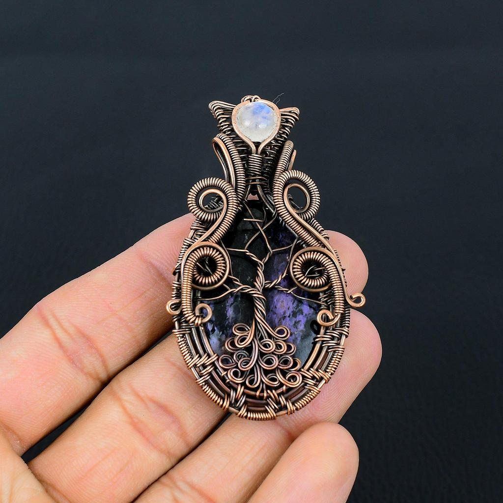 Charoite & Moonstone Gemstone Handmade Pure Copper Wire Wrap Amazing Jewelry Pendant