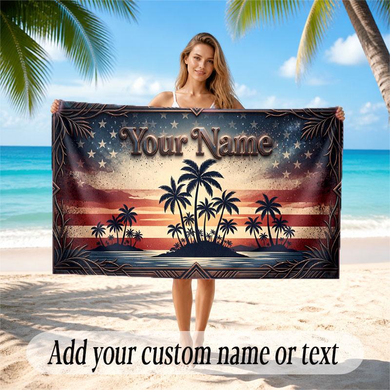American Patriotic Theme Soft Beach Towel Personalized Custom Name Text Towel Portable for Beach Pool Travel