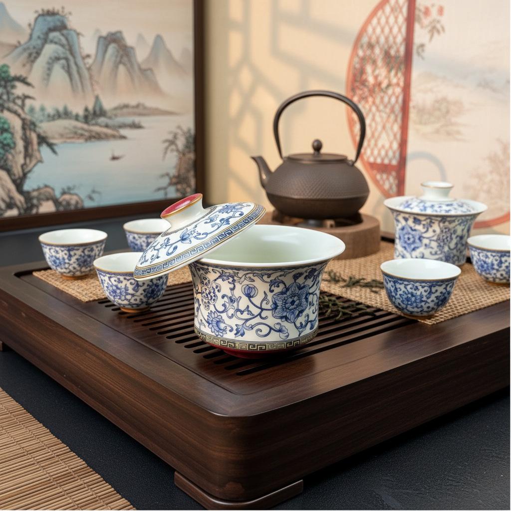 Blue and White Porcelain Lotus Kung Fu Tea Set: Enamel Teacup, Hovering Lid, Teapot, Saucer, and Master Cup.