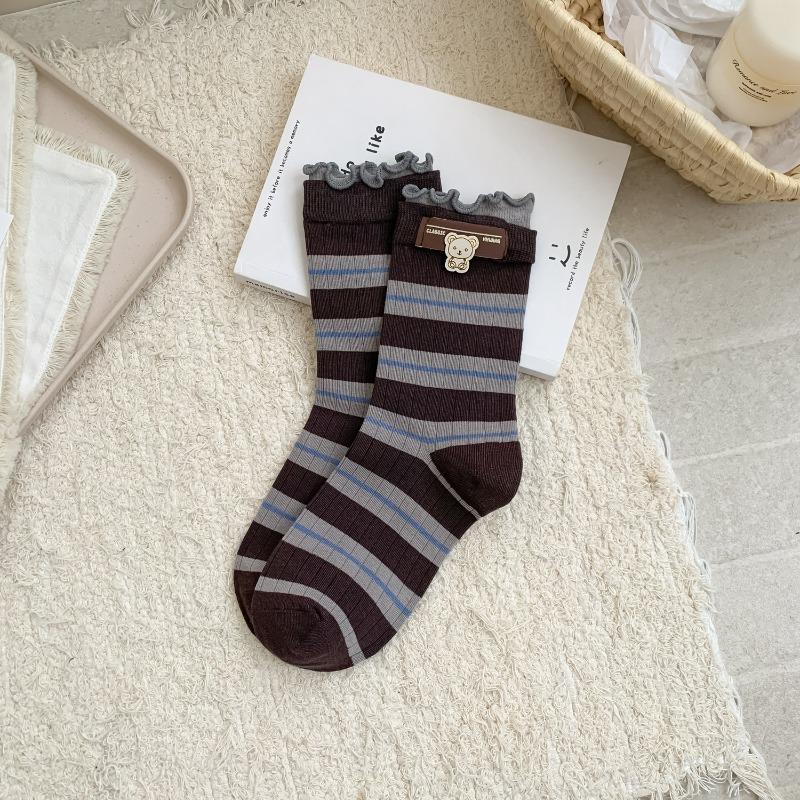 Autumn and Winter Women's Cartoon-style Embroidered Striped Trendy Boneless Sewn Mid-calf Cotton Socks