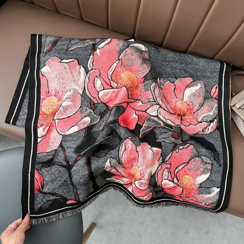 Winter new oil painting fashion peony flower imitation cashmere scarf women's elegant warm thickened shawl