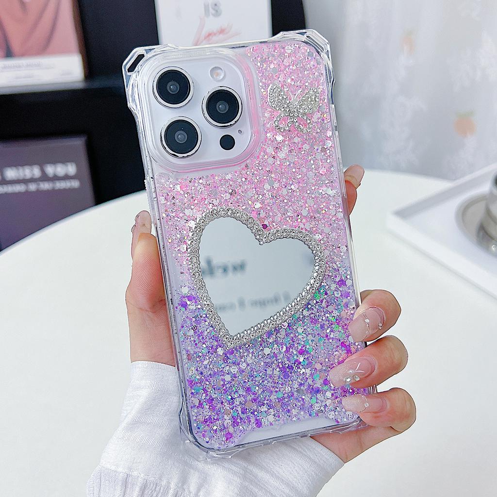 For iPhone 16 Pro Case with Heart Mirror Epoxy Glitter TPU+Acrylic Phone Back Cover