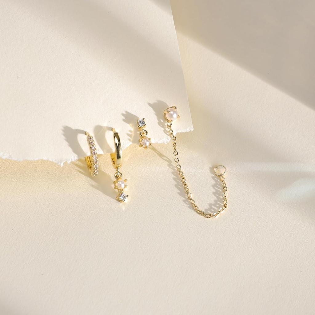 Triple Huggie Stacked Earrings for Women Gold Chain Drop Dangle Earrings Cute Statement CZ Earrings Trendy Dainty Jewelry Gift