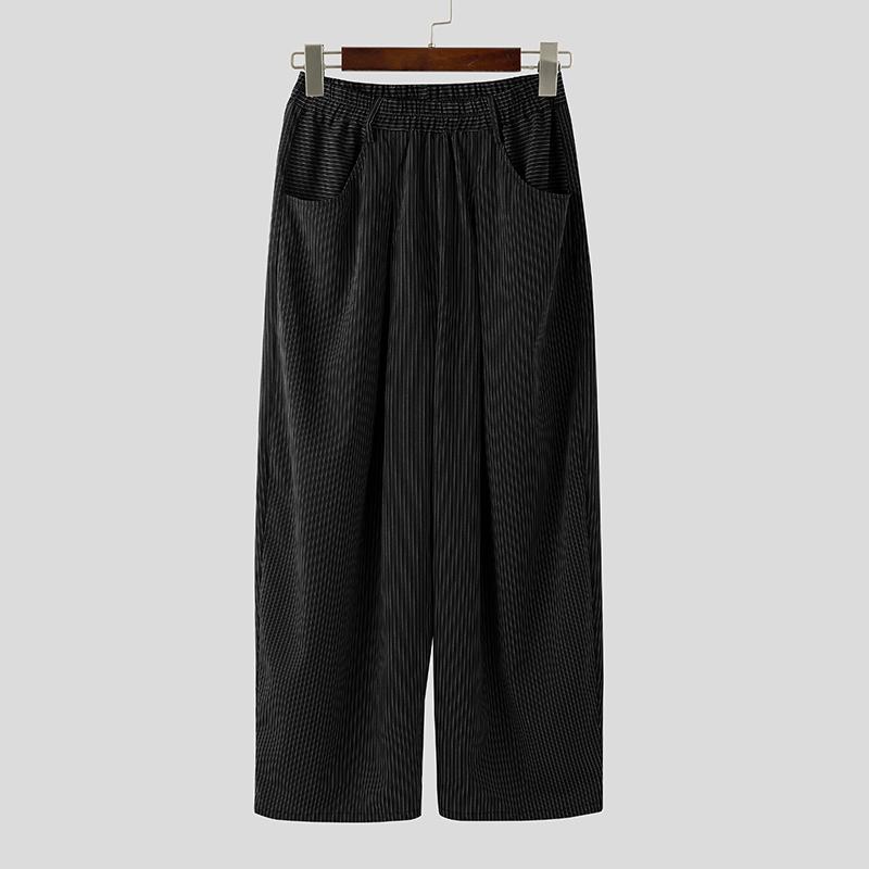 INCERUN Men s Casual Elastic Waist Striped Long Wide Legs Pants Trousers S чёрный